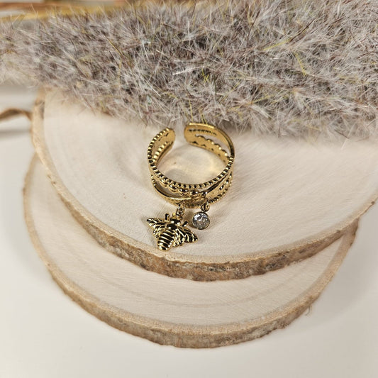 CHARLOTTE - Bague triple lignes avec pendentifs abeille et un strass
