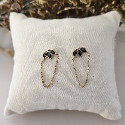 FLORE - Boucles d'oreilles en acier inoxydable avec chaîne dorée et pierres noires