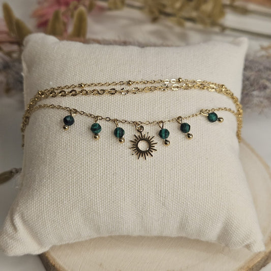SUNSHINE - Bracelet trois rangs orné des malachites et du soleil